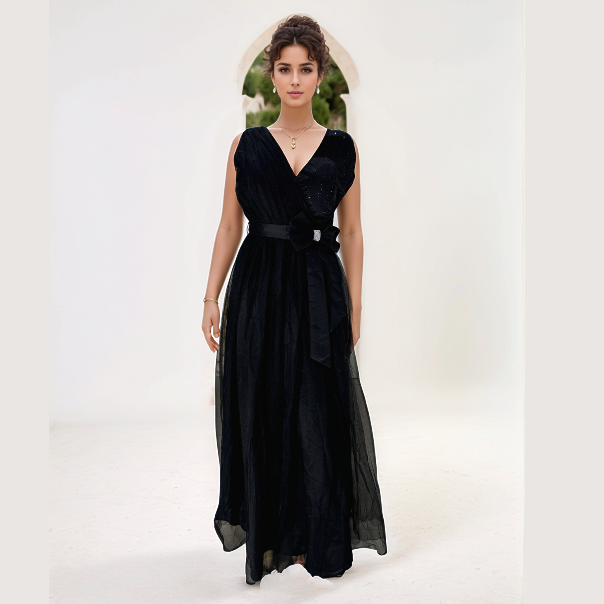 Layered Net and tulle base women gown Dress Black Free Size Attach Sleeves