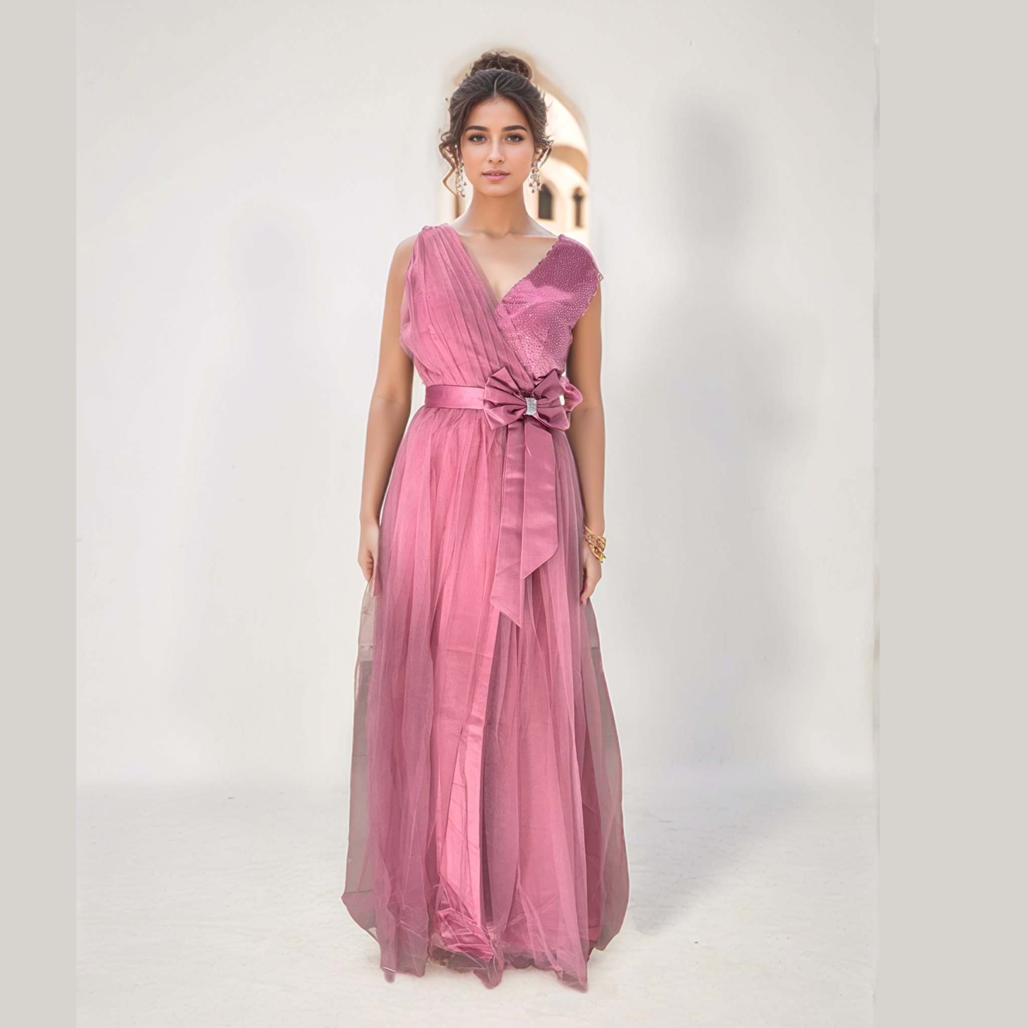 Layered Net and tulle base women gown Dress Pink Free Size Attach Sleeves