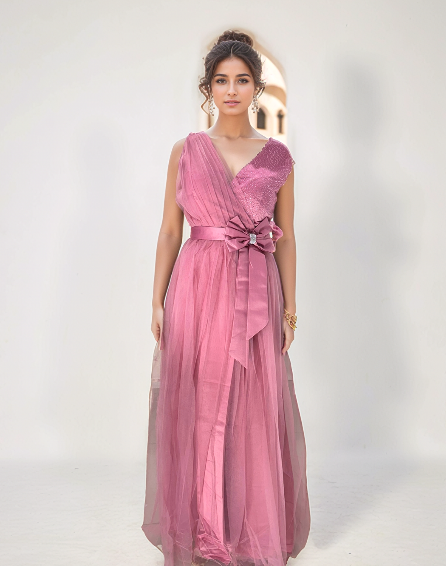 Layered Net and tulle base women gown Dress Pink Free Size Attach Sleeves