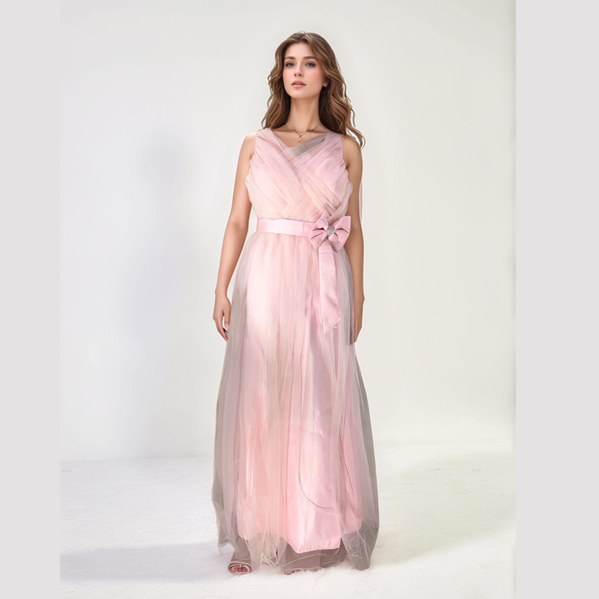 Glamorous Net Wedding Gown for Women - Party & Reception Wear Light Pink Free Size Attach Sleeves