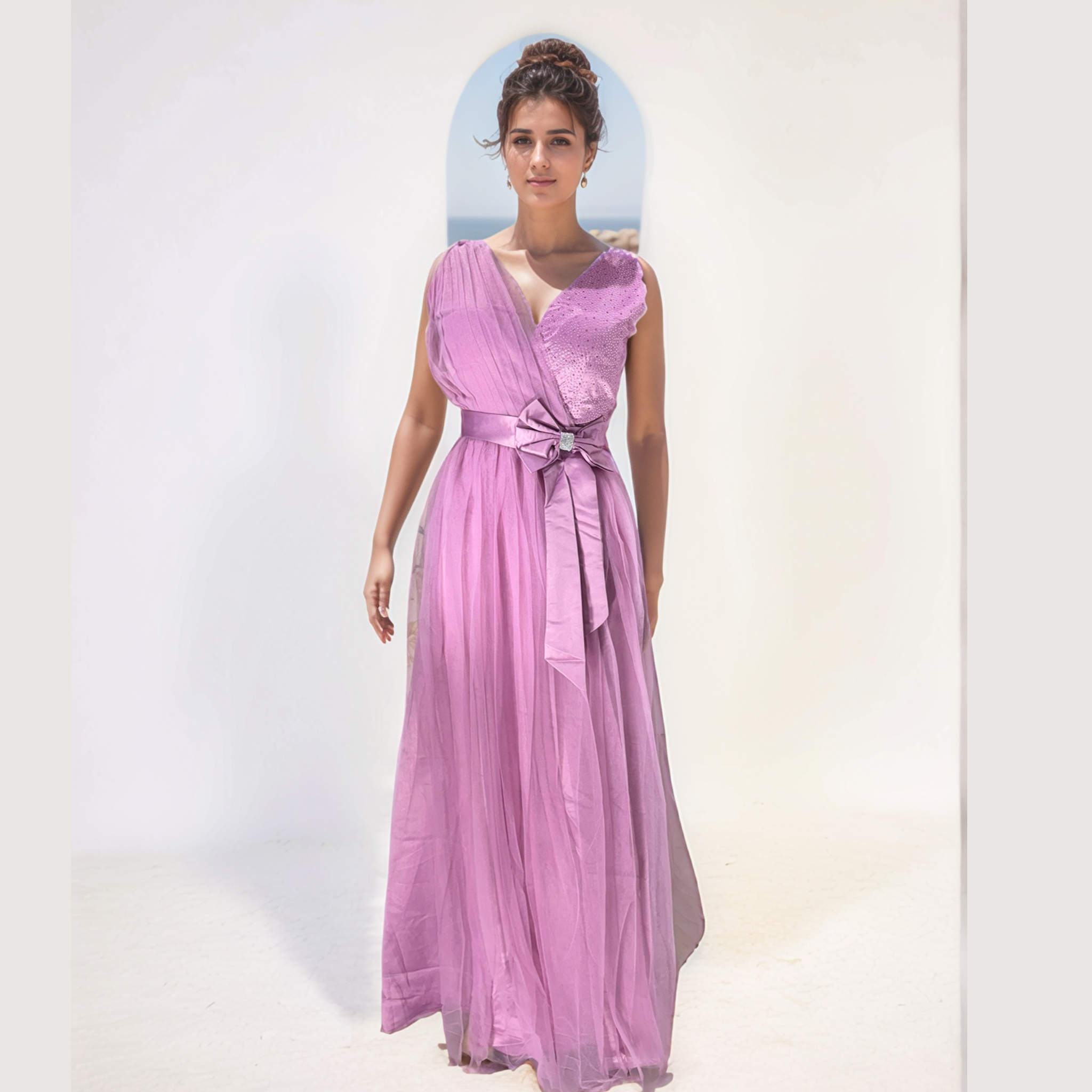 Layered Net and tulle base women gown Dress