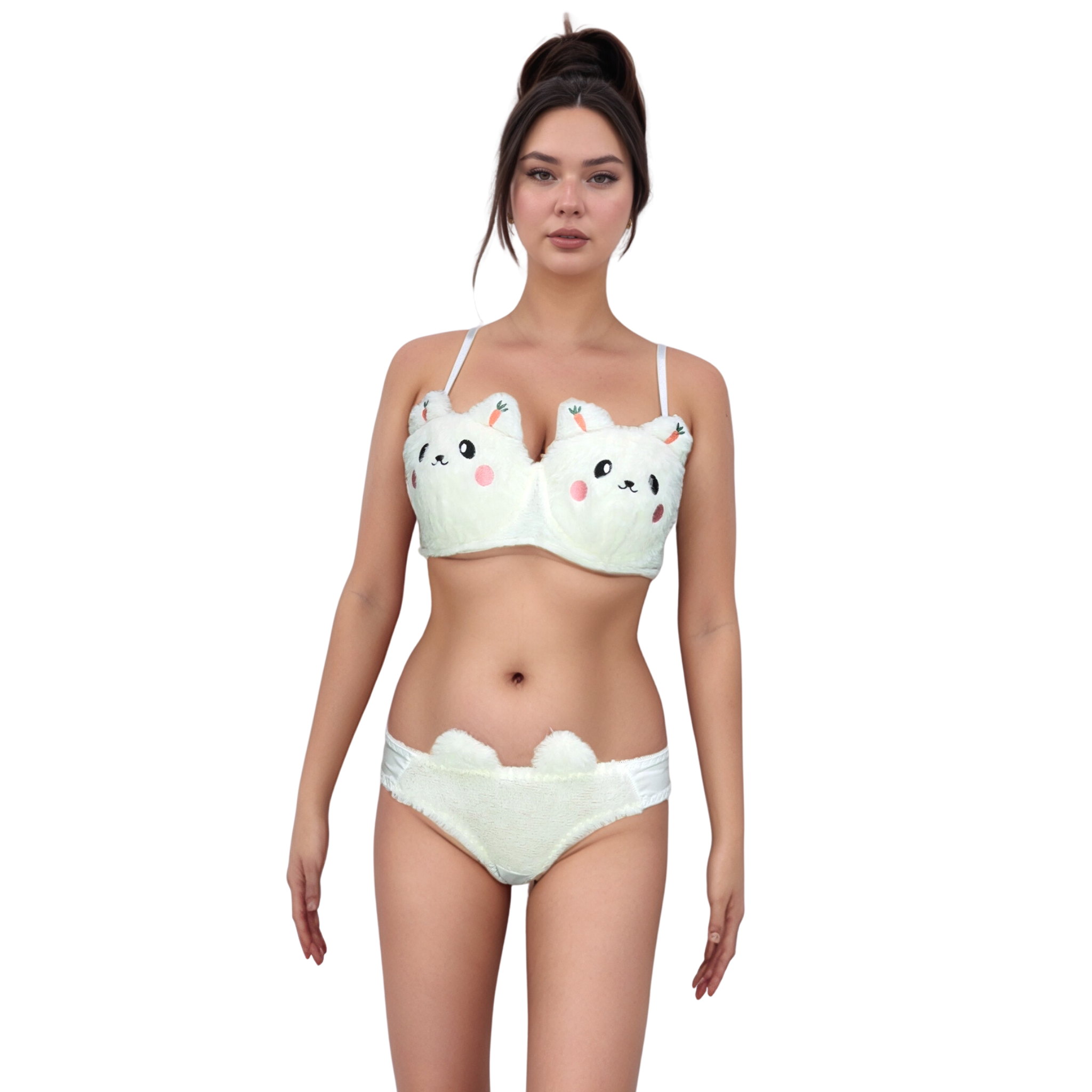 Cute Cartoon Bra Panty Set White Plush