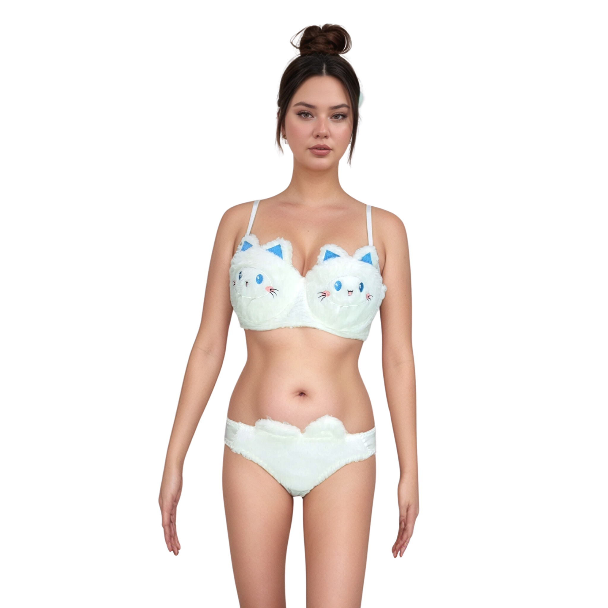 Women Sexy Kitty Furry Bra Set White Plush