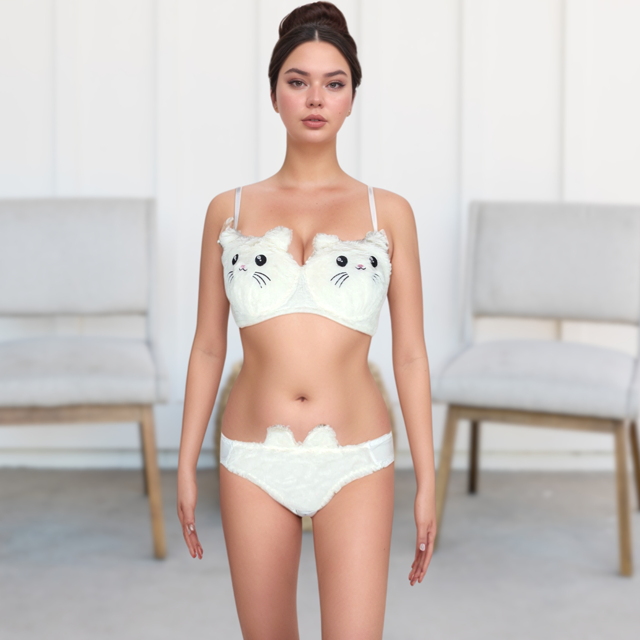 Kitty Cartoon Bra Panty Lingerie White