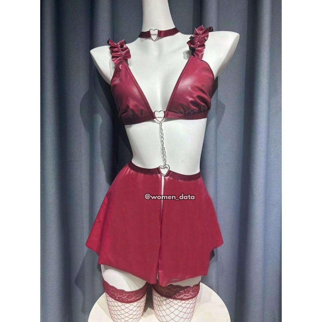 Wine Red Leather Lingerie Set