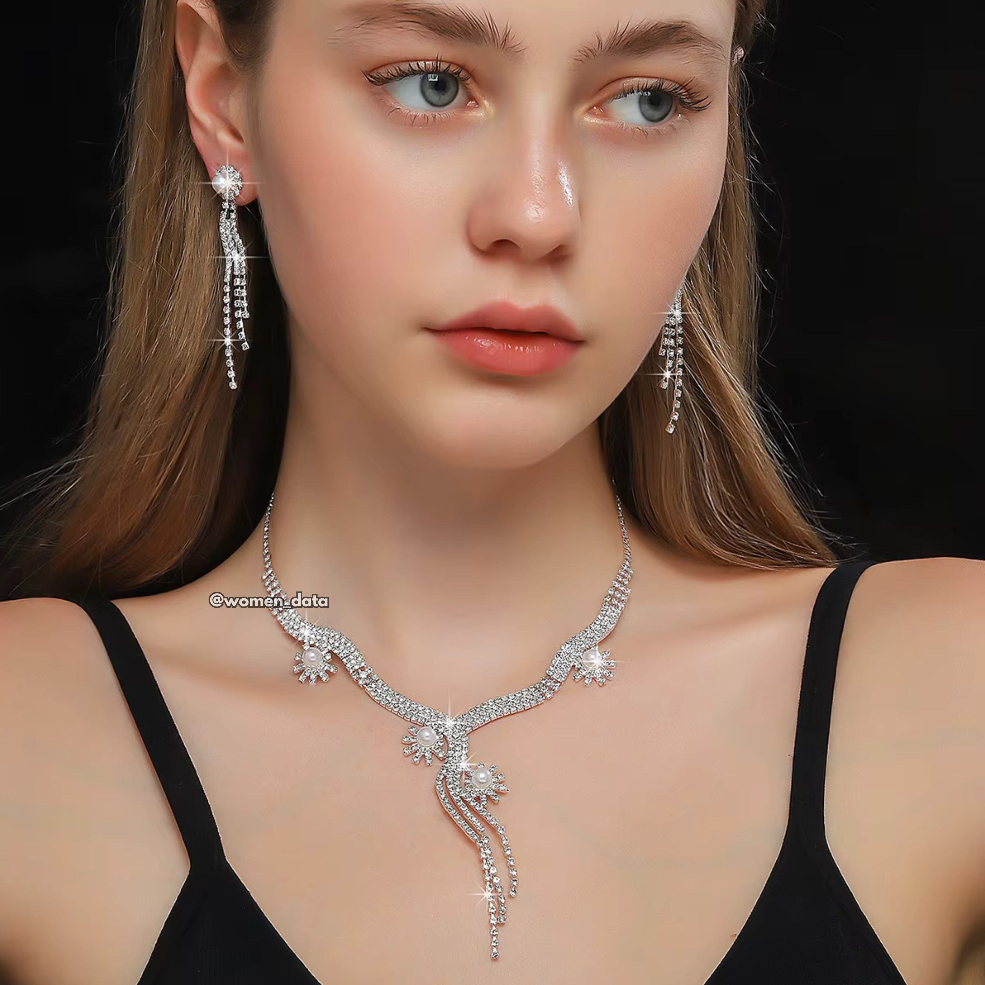 Women Crystal Drop Necklace Set