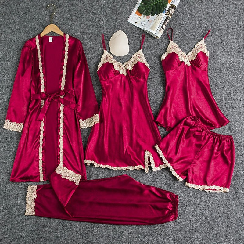 Women Satin Lace Nightwear Set – 5 Piece