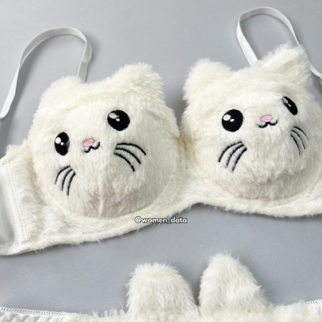 Kitty Cartoon Bra Panty Lingerie White
