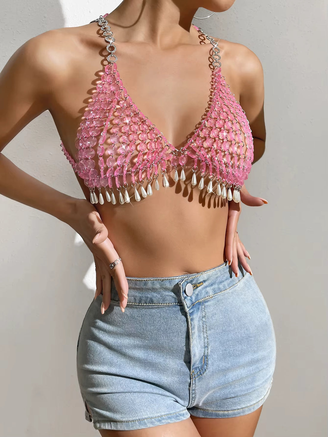Pink Sequin Mirror Body Chain Bra Top