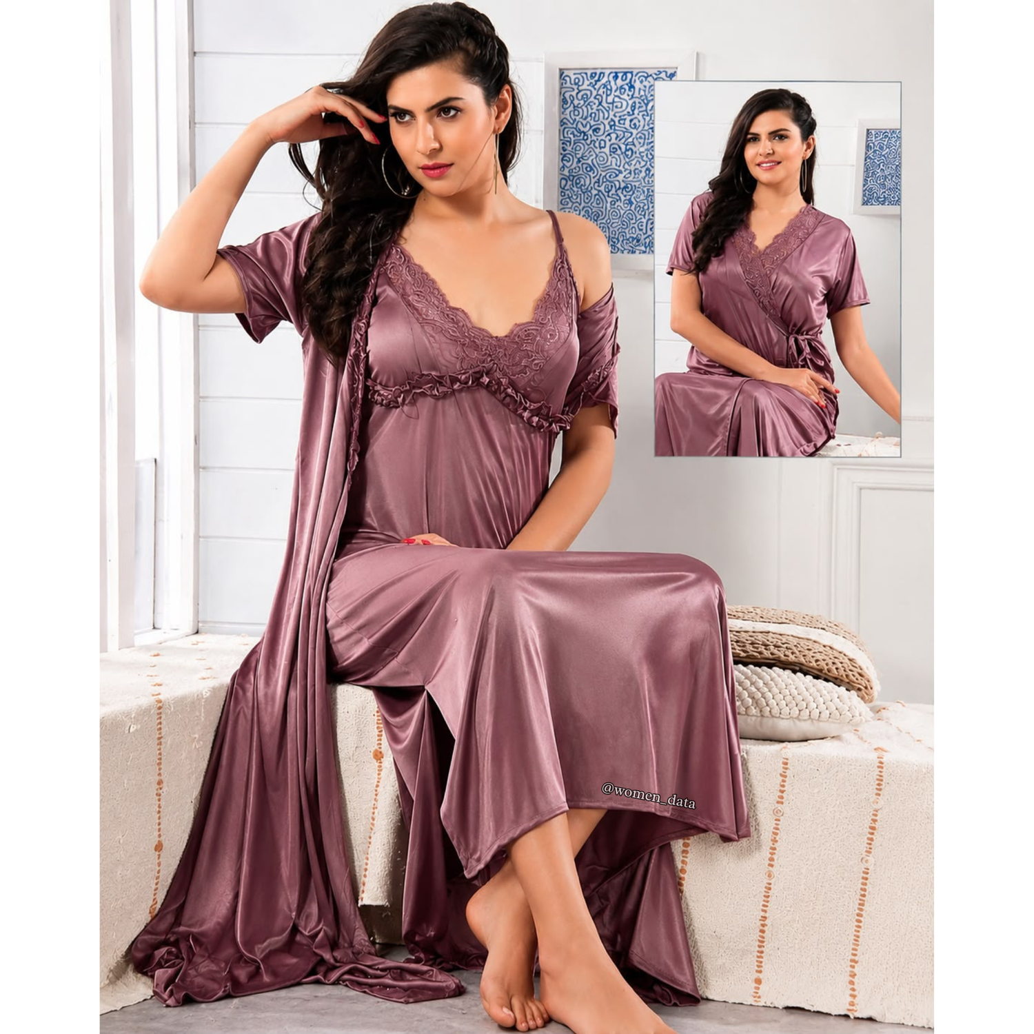 Elegant Satin Lace Nightwear Set with Long Robe