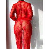 BlackSheerLaceLongRobeLingerieSet 