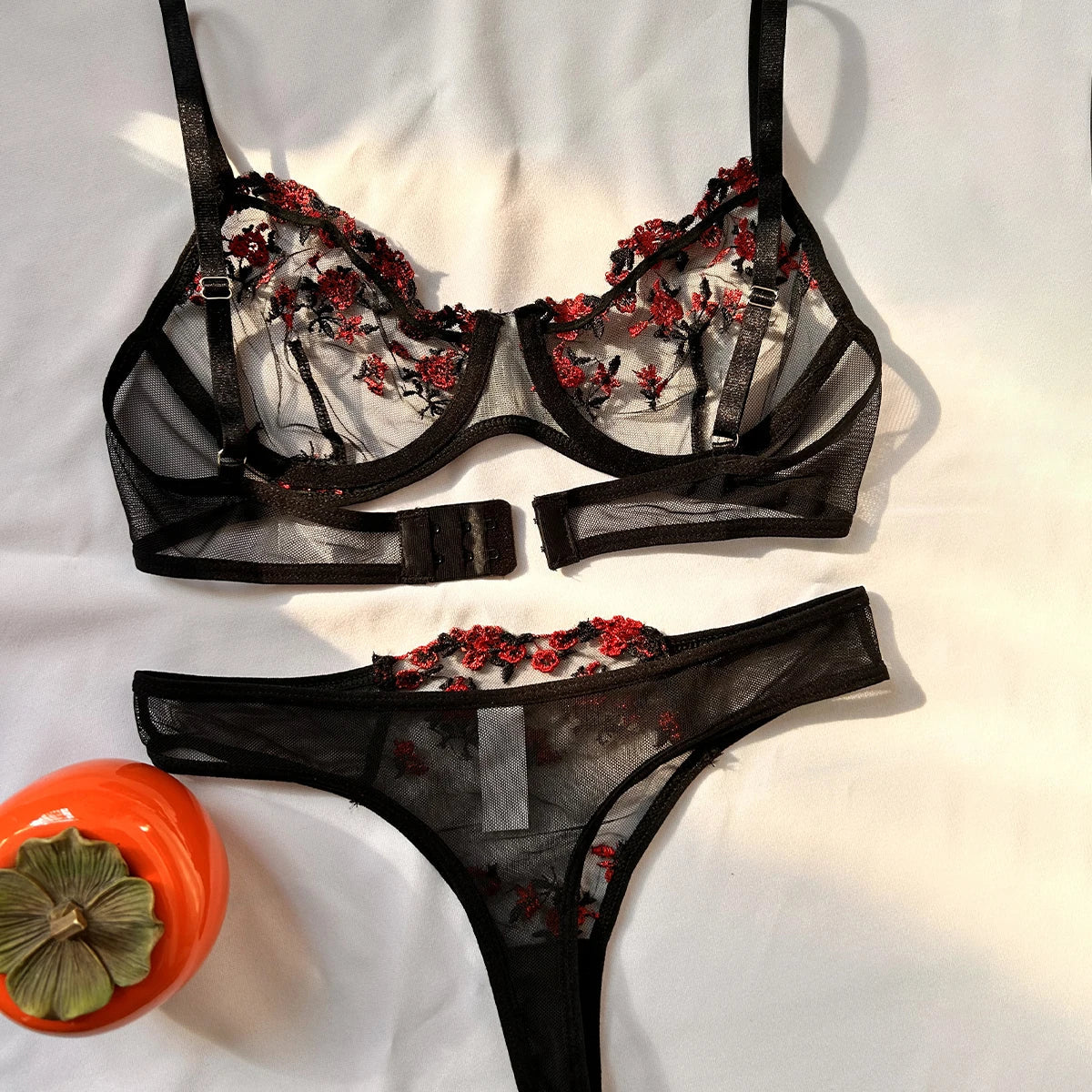 Romantic Embroidered Mesh Bra &amp; Panty Set for Women