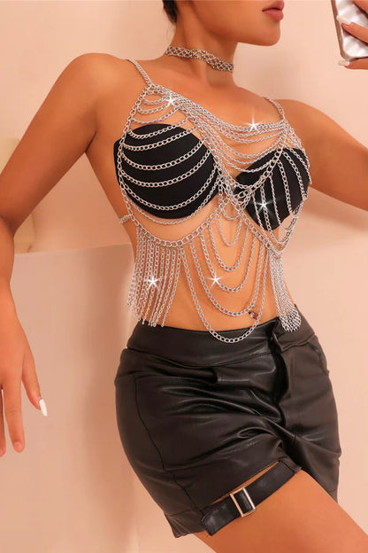 Silver Chain Body Harness Lingerie Accessory