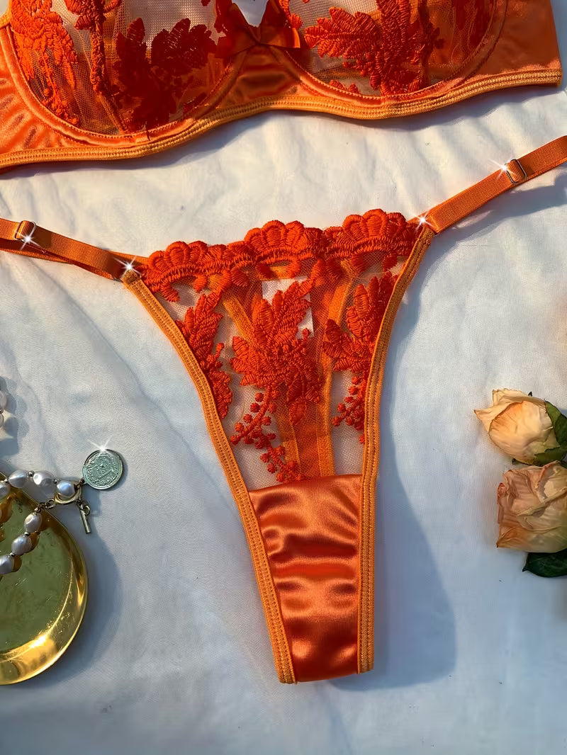 Amber Desire Orange Embroidered Lace Bra &amp; Thong Set