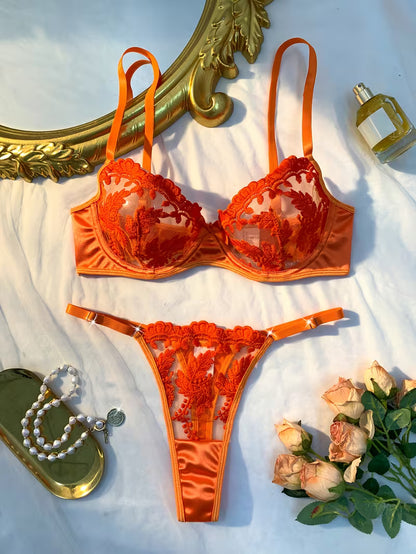 Amber Desire Orange Embroidered Lace Bra &amp; Thong Set