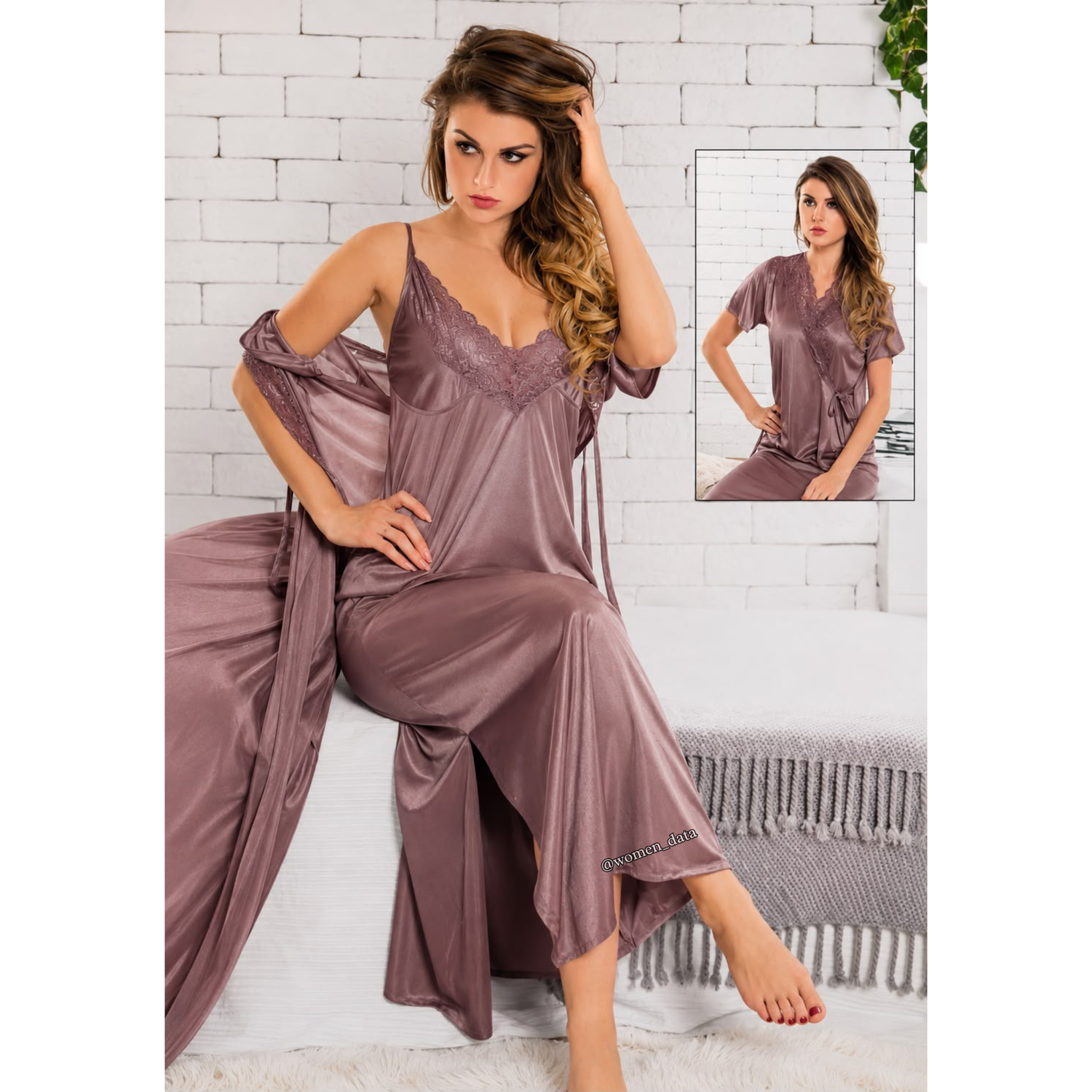 Satin Lace Nightwear Set with Camisole, Pants &amp; Robe