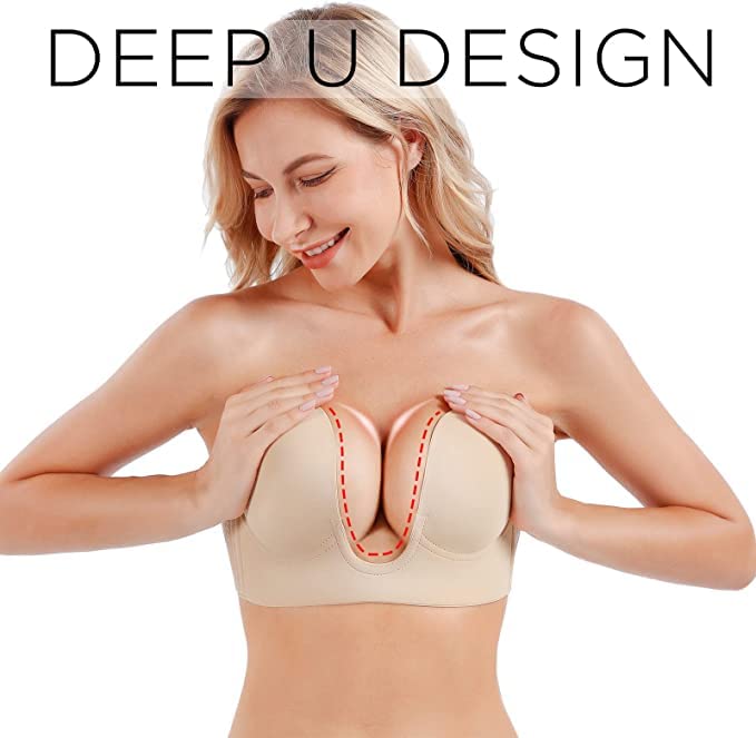 Women's Plunge Bra Ladies Push Up Strapless Adhesive Bra Deep U Shape  Backless Bra 
