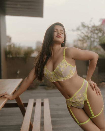 Lime Bloom Embroidered Lingerie Set – 3 Piece