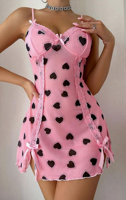 Pink Heart Print Lace Trim Babydoll Lingerie Dress
