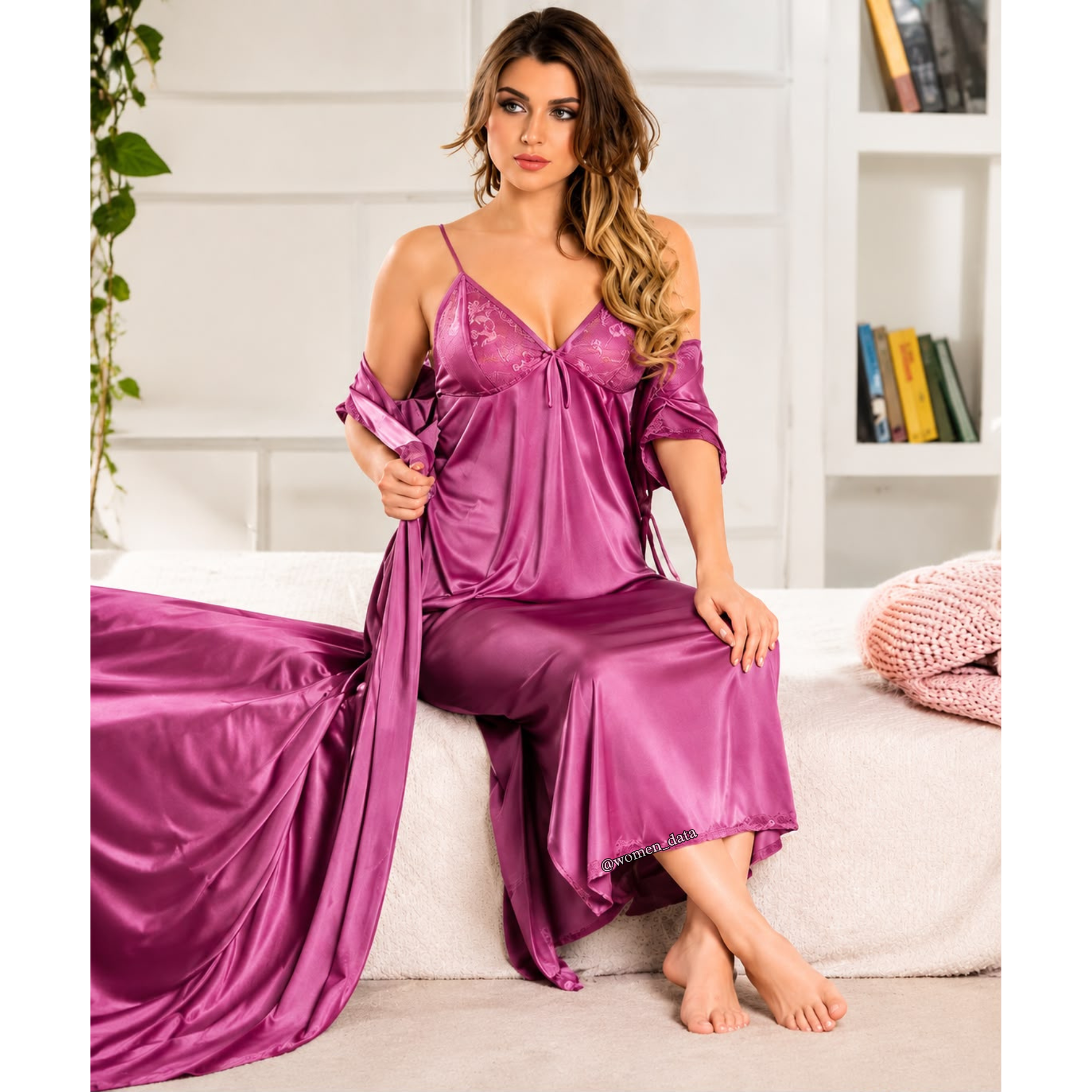 Satin Lace Nightwear Set with Camisole, Wide-Leg Pants &amp; Robe
