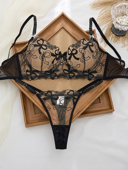 Eclipse Noir Black Embroidered Lace Bra &amp; Thong Set