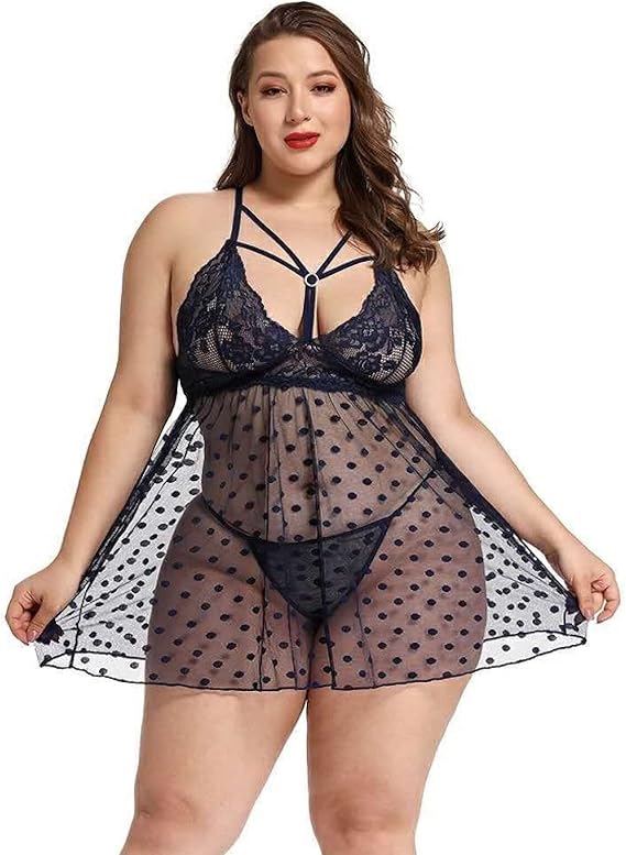 Plus Size Polka Dot Mesh Babydoll Lingerie Dress