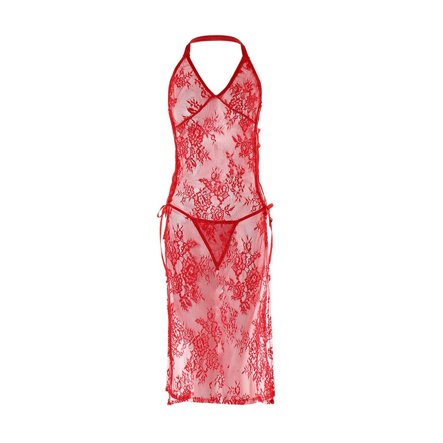 Red Lace Side-Tie Sheer Babydoll Nightdress for Honeymoon