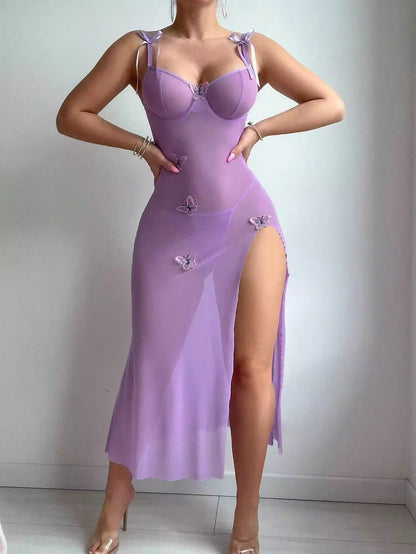 Lavender Sheer Mesh Lingerie Gown with Butterfly Appliqué &amp; High Slit