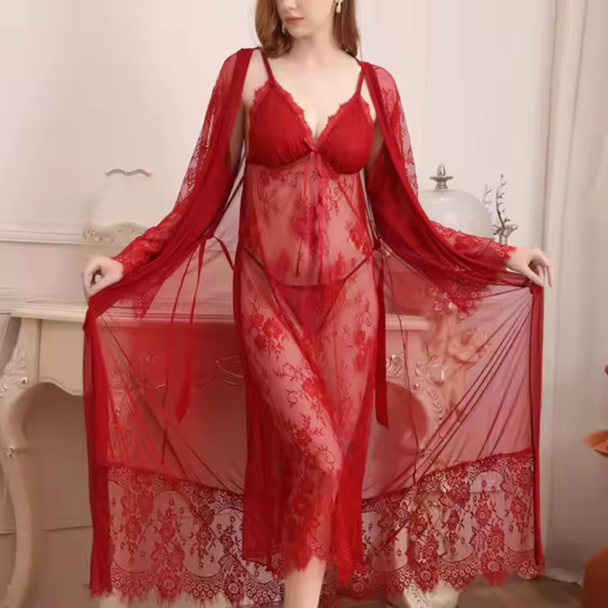 Sexy Lace Transparent Long Robe Women&