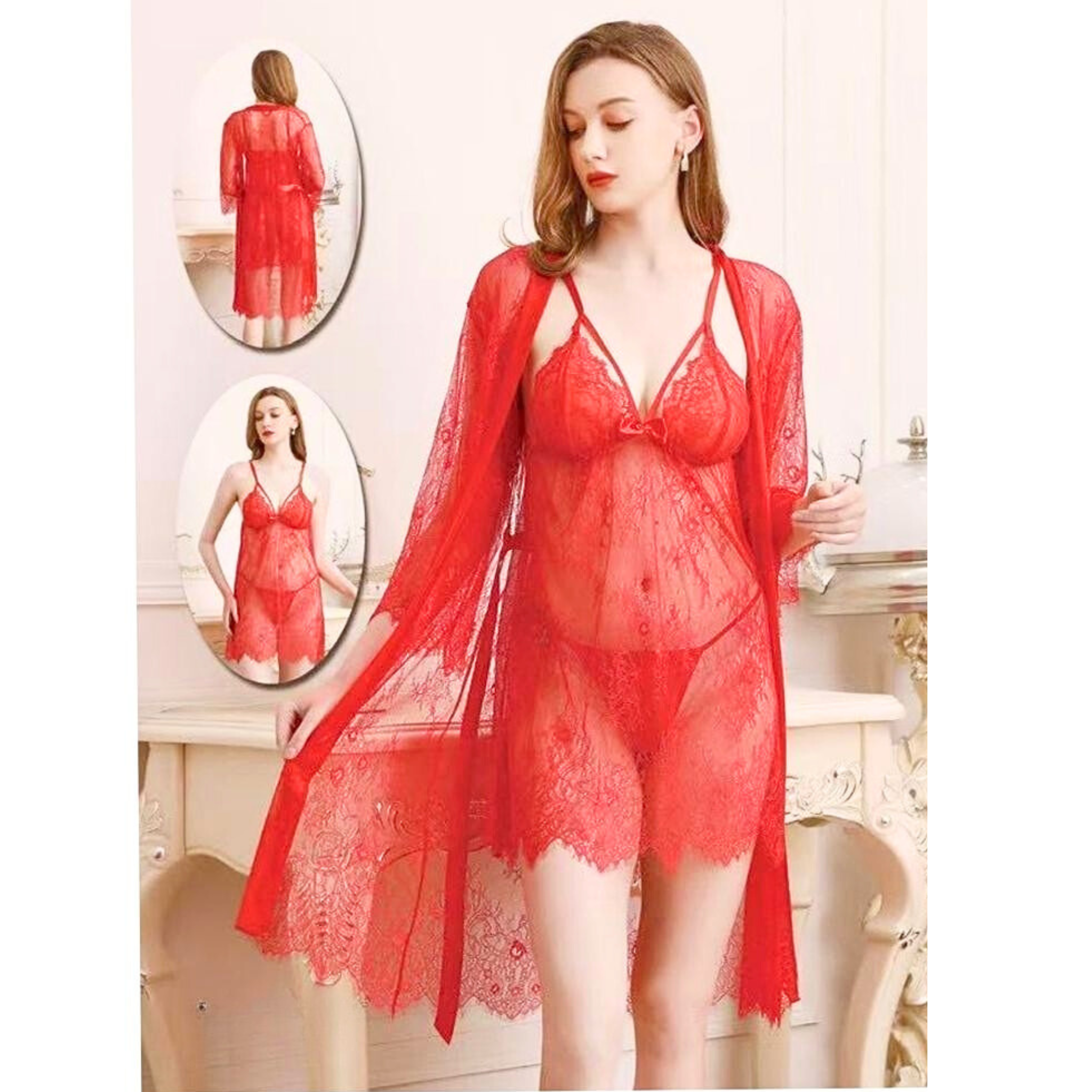 Sexy Lingerie Lace summer thin Sexy 3 Piece Set Suspender Nightgown