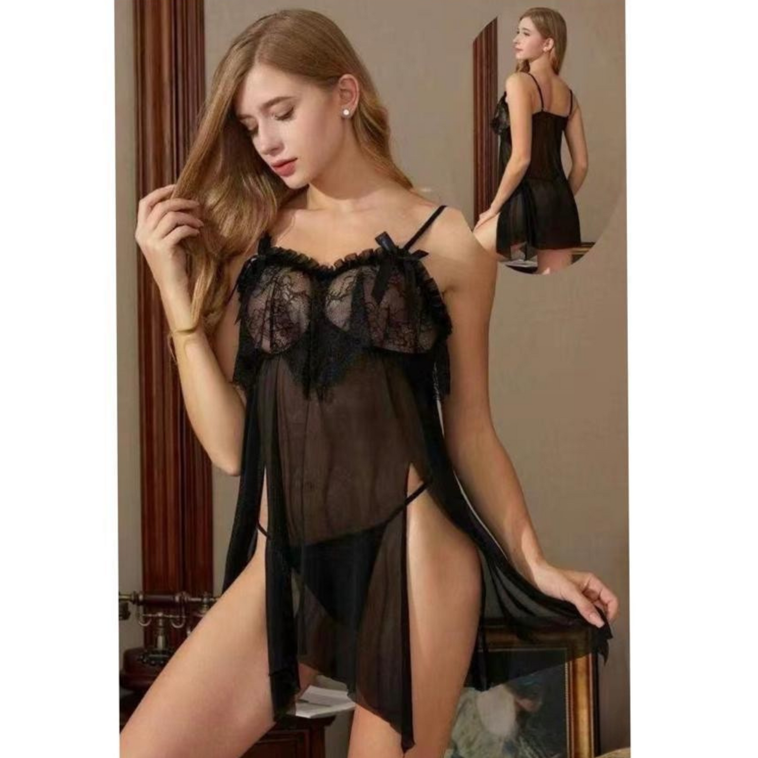 Sheer Mesh Underwear Sexy Lace See-through Side Slit Nightdress