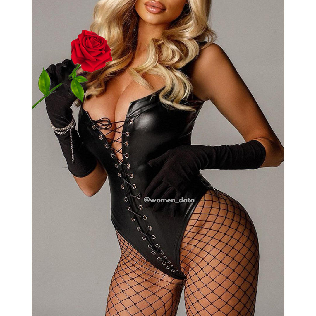 Black Faux Leather Lace-Up Bodysuit Lingerie