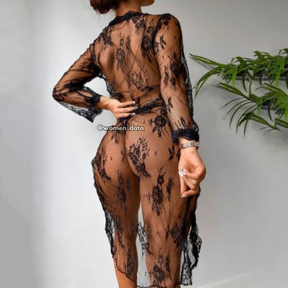 Black Sheer Lace Long Robe Lingerie Set