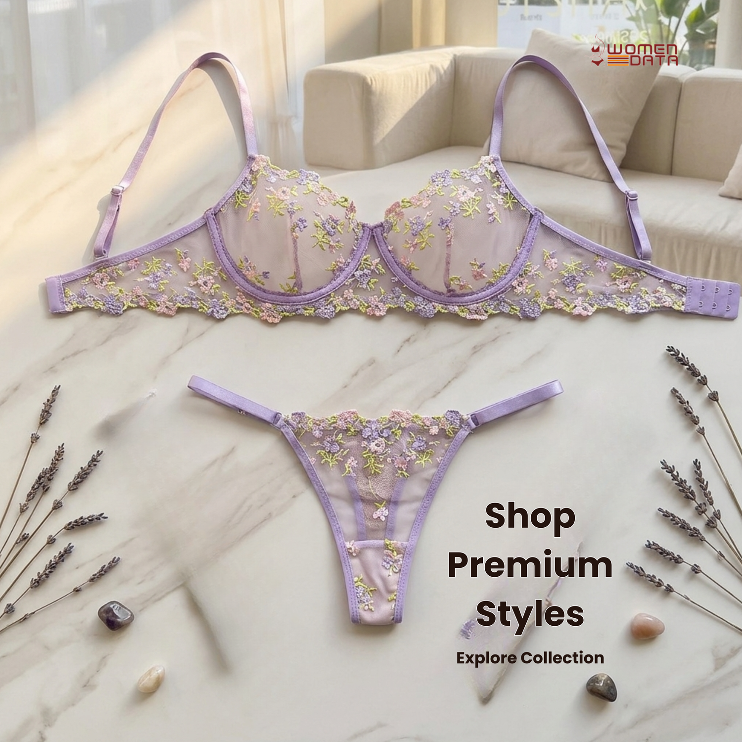 Lavender Embroidered Floral Lingerie Set – 3 Piece