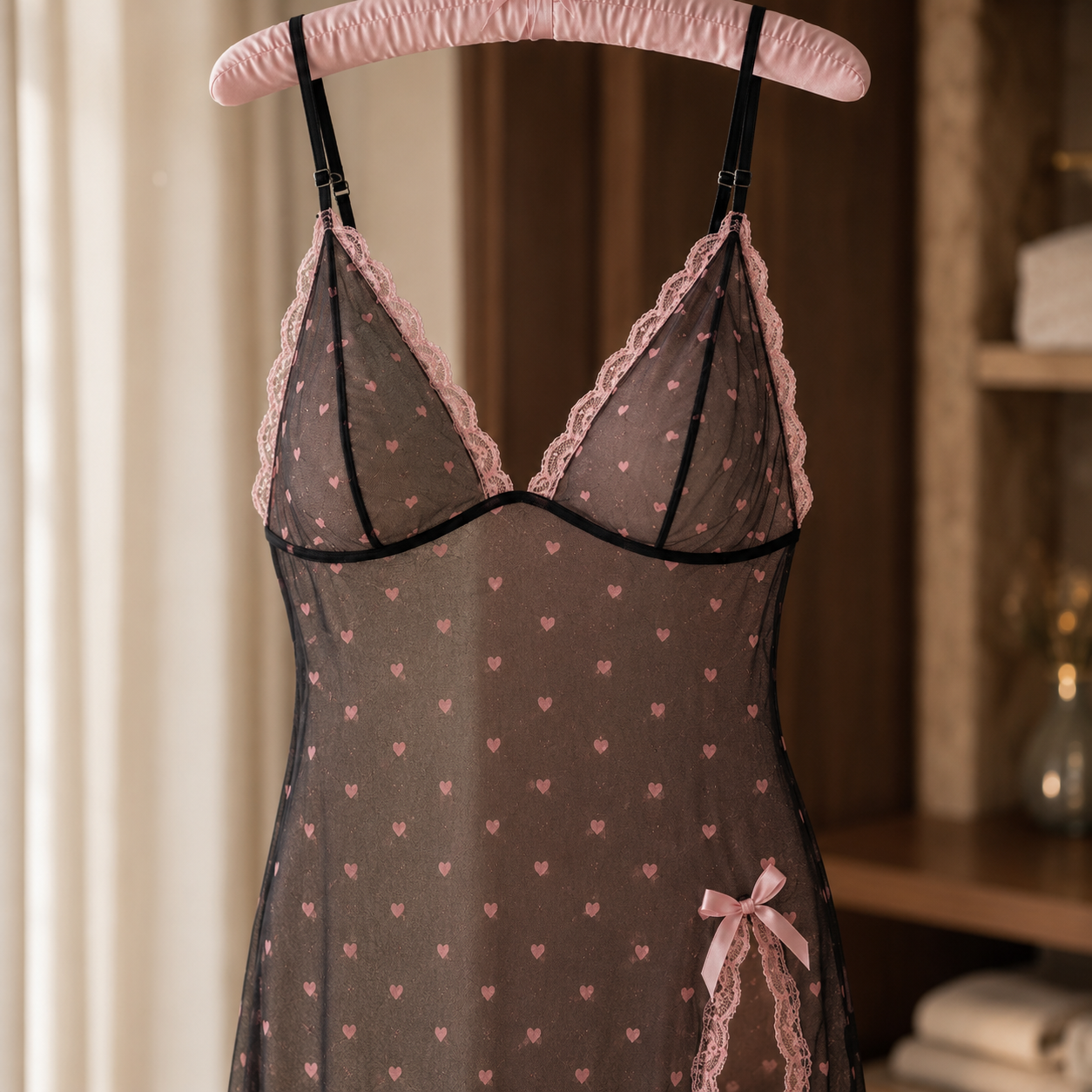 Heart Print Sheer Mesh Nightgown &amp; Lingerie Set with High Thigh Slit