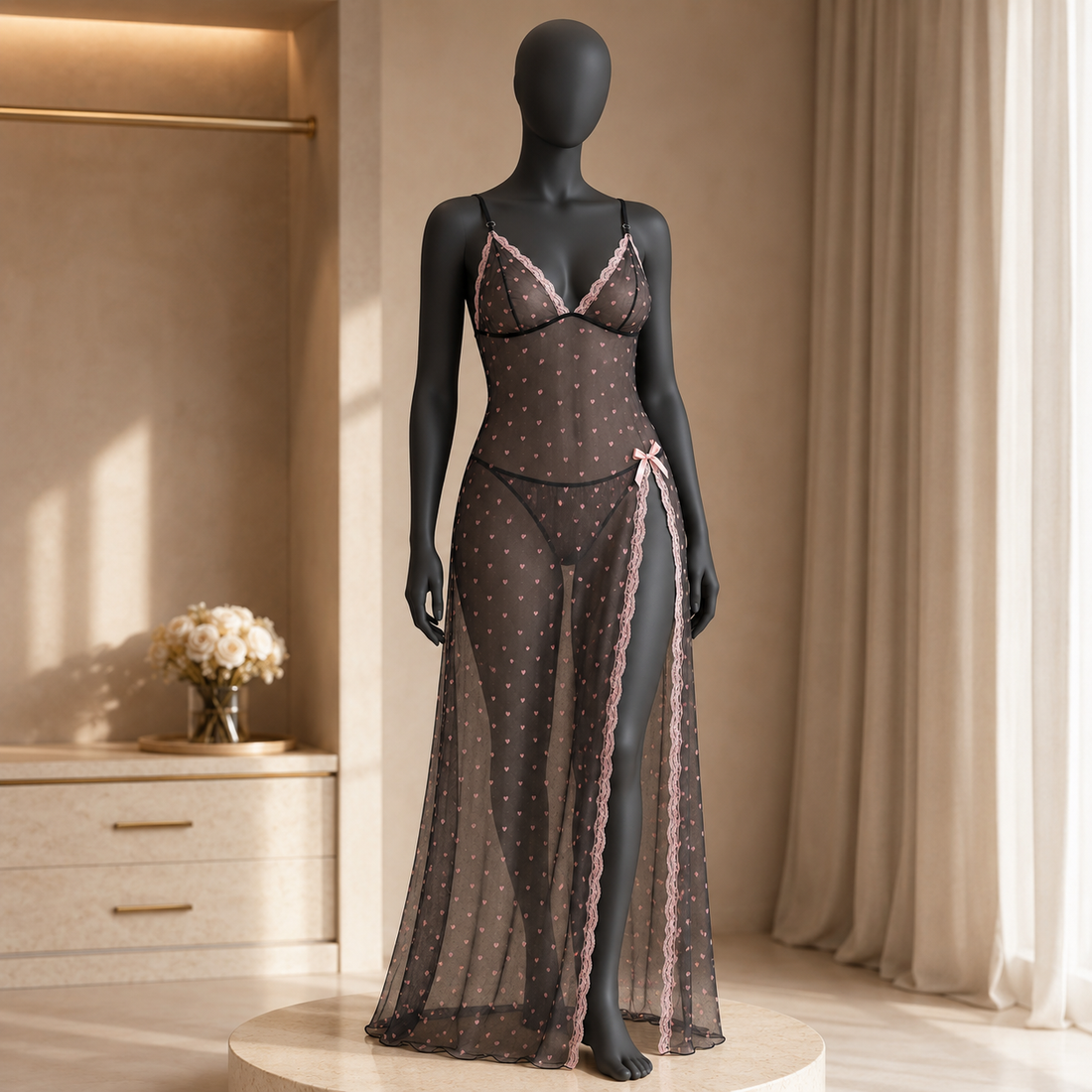 Heart Print Sheer Mesh Nightgown &amp; Lingerie Set with High Thigh Slit