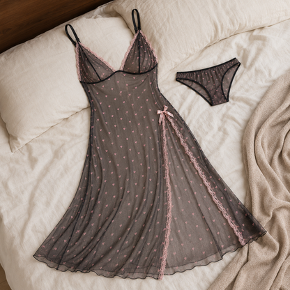 Heart Print Sheer Mesh Nightgown &amp; Lingerie Set with High Thigh Slit