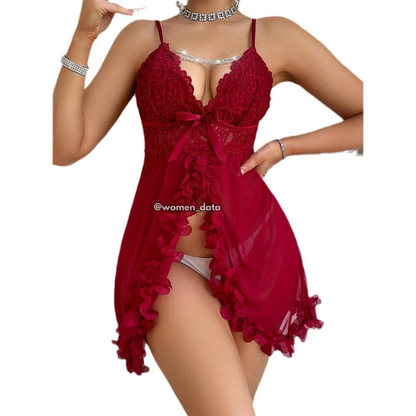 Deep Wine Red Lace Babydoll Lingerie with Sheer Mesh &amp; Floral Hem