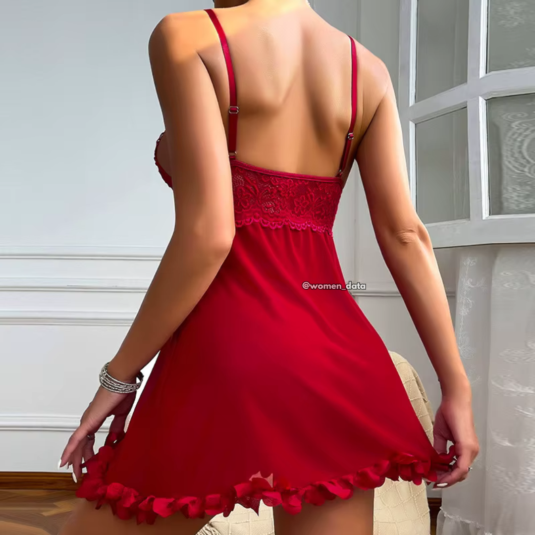 Deep Wine Red Lace Babydoll Lingerie with Sheer Mesh &amp; Floral Hem