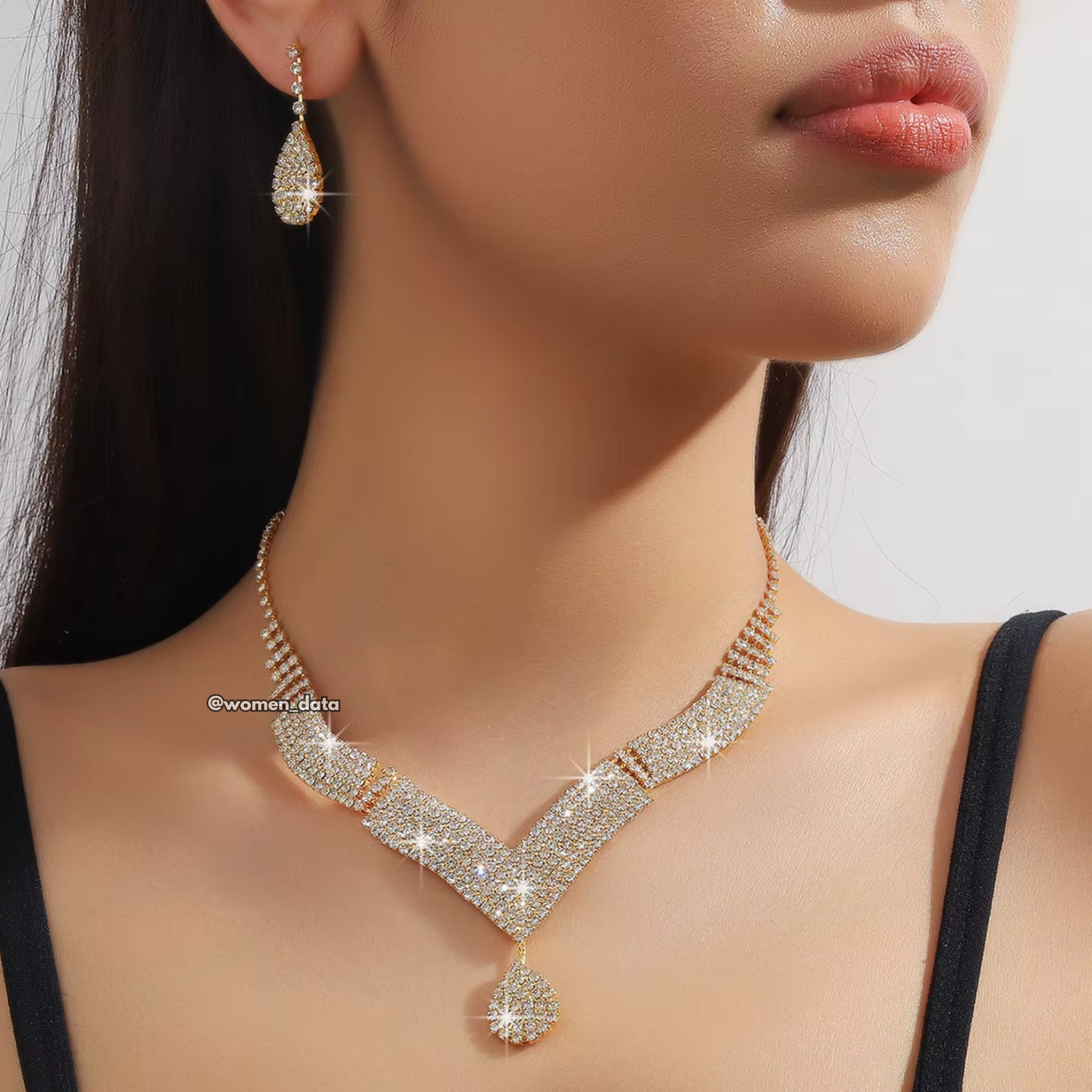 Women Crystal V-Shape Necklace Set 