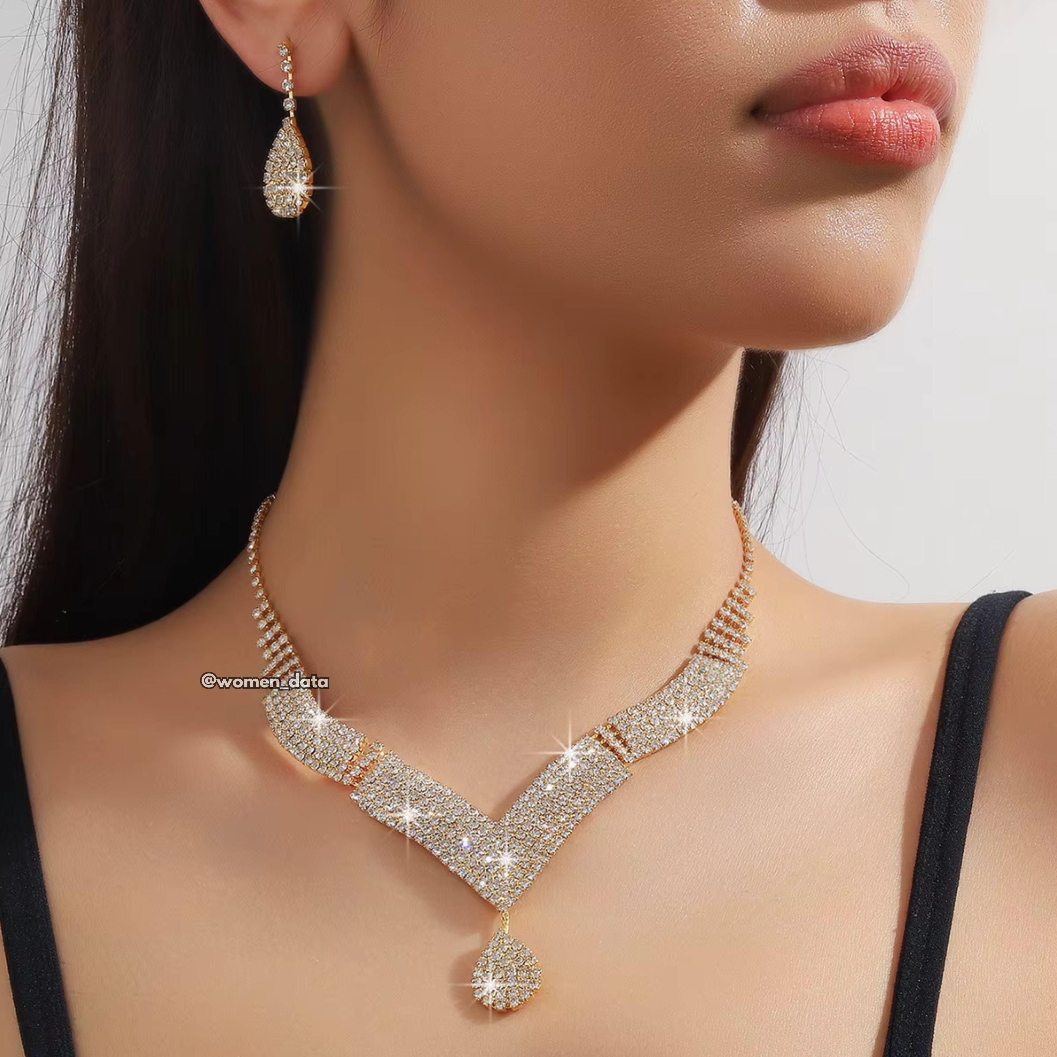 Women Crystal V-Shape Necklace Set 