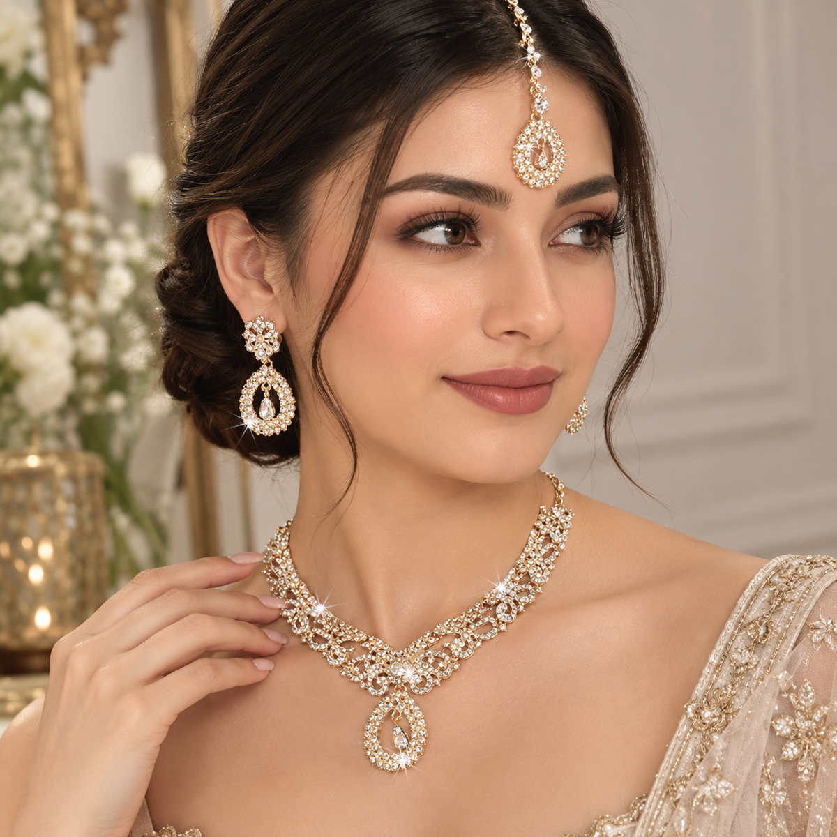 Luxury Bridal Statement Jewelry Set with Intricate Crystal Detailing &amp; Drop Earrings