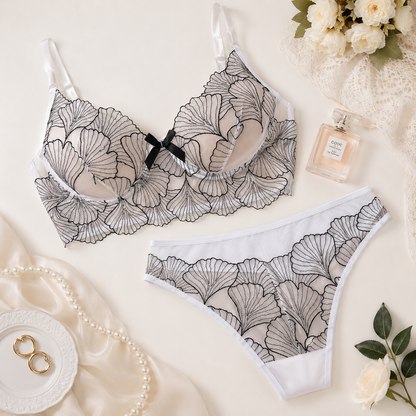 White Floral Sheer Mesh Lingerie Set for Women