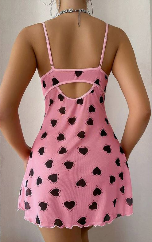 Pink Heart Print Lace Trim Babydoll Lingerie Dress