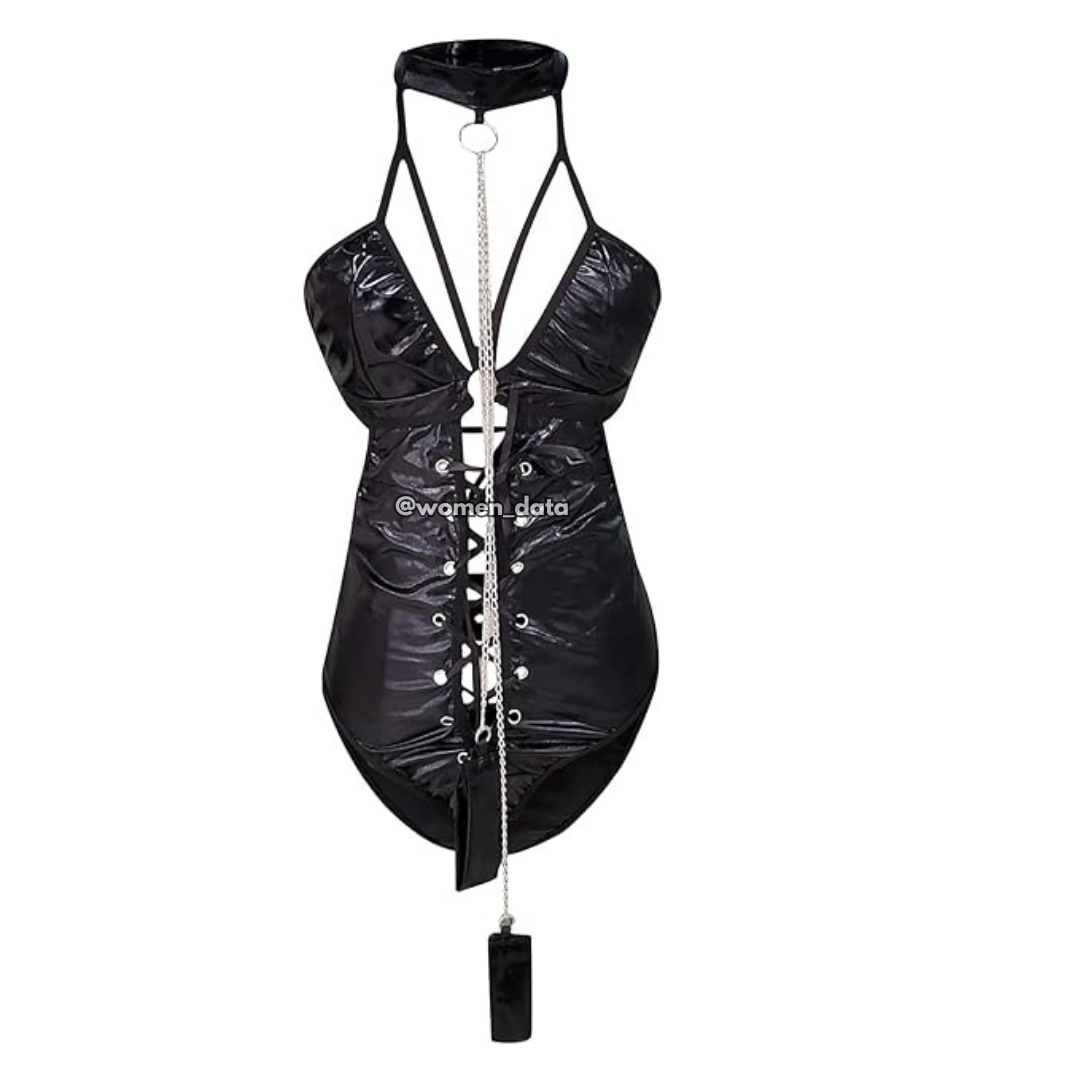 Faux Leather Strappy Bodysuit Lingerie with Lace-Up Front