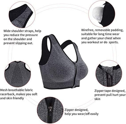 Front Zip Sports Wireless Bra | Cotton Lightly Padded Wire Free 