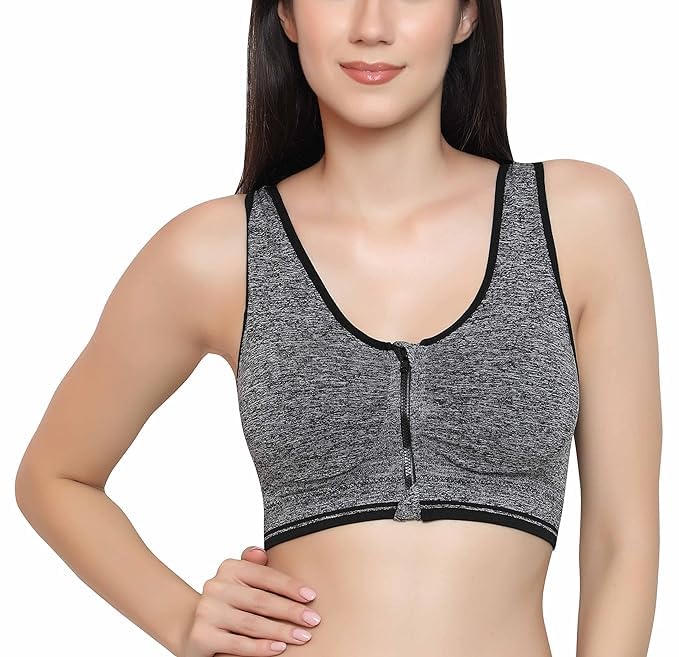 Front Zip Sports Wireless Bra | Cotton Lightly Padded 