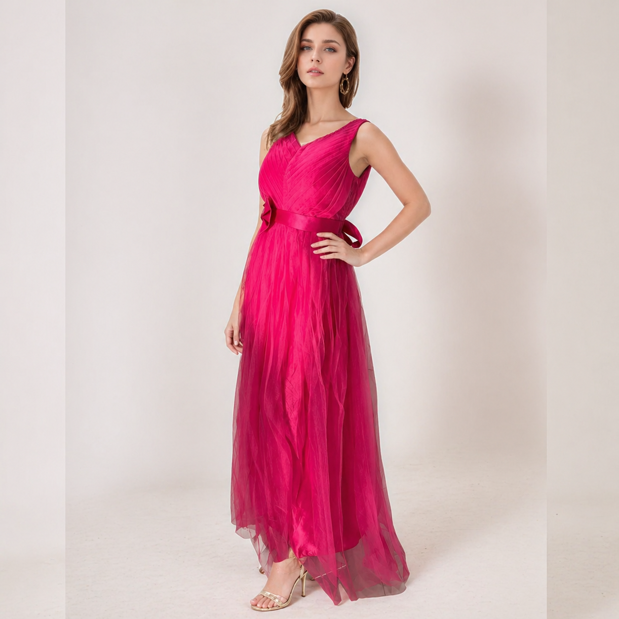 Graceful Tulle Layered Ball Gown for Wedding &amp; Party Wear Pink Free Size Attach Sleeves 