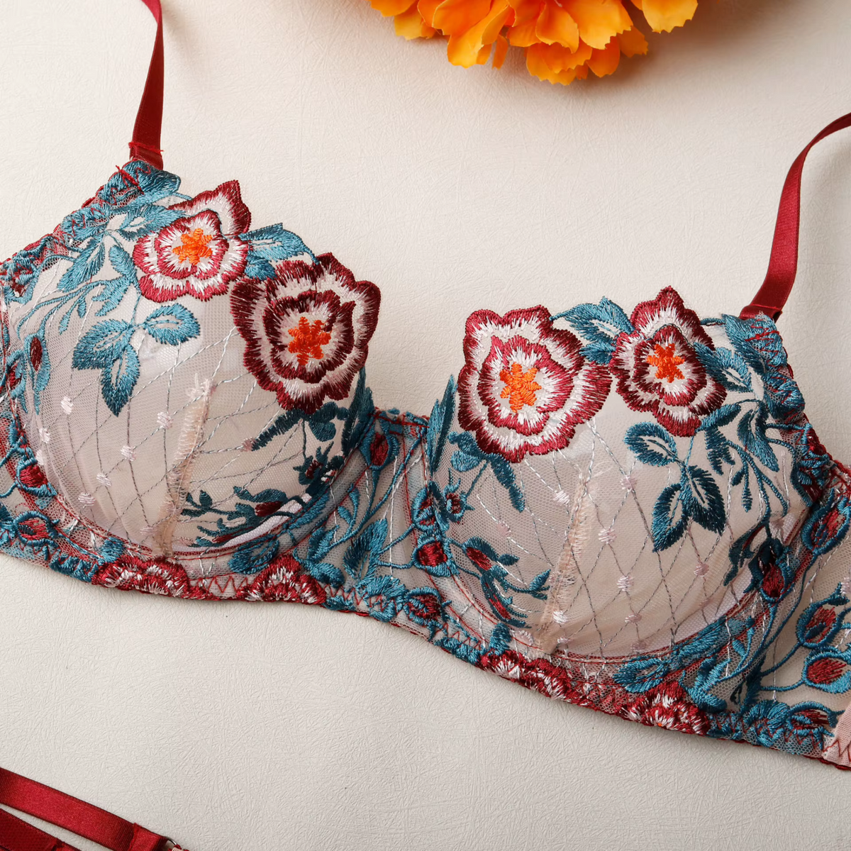 Floral Embroidered Lace Lingerie Set