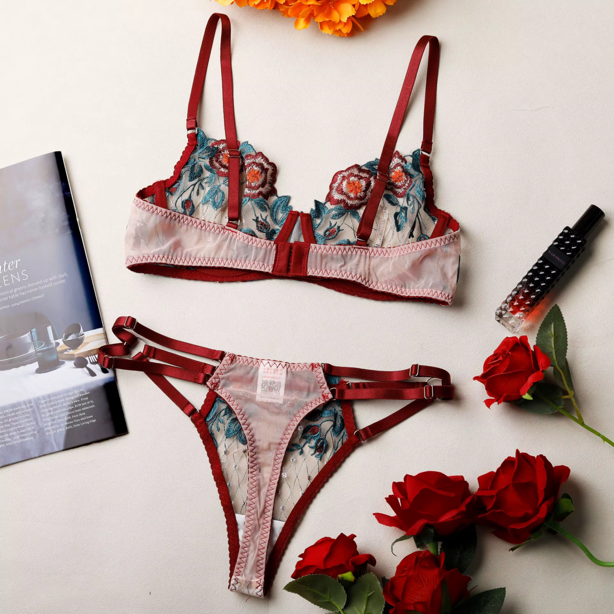 Floral Embroidered Lace Lingerie Set